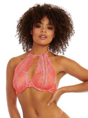 DREAMGIRL Zipper Sexy Lace Bra in Hot Pink Orange - One Size Feminine